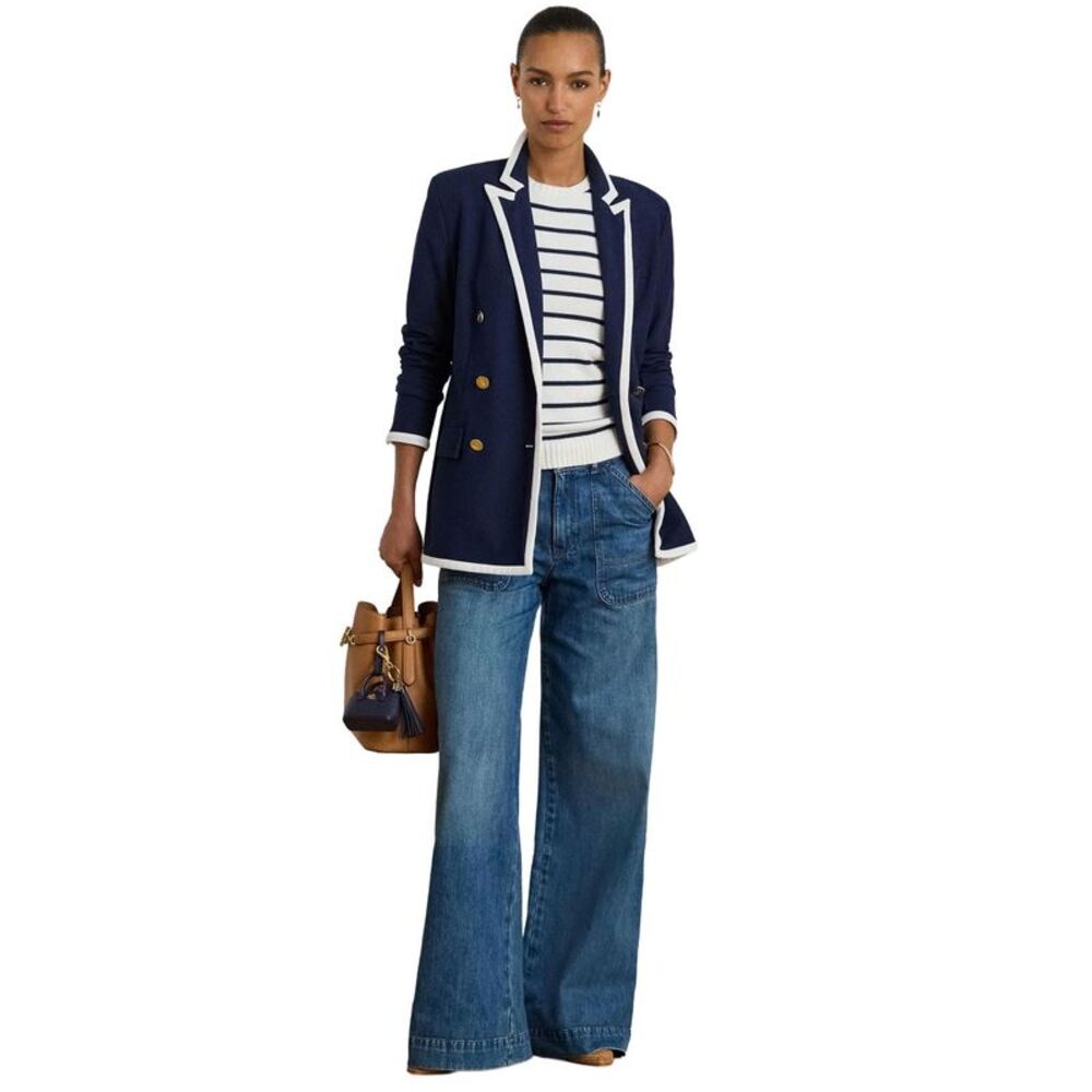 Lauren Ralph Lauren Womens Two-Tone Double-Breasted Piqué Blazer 12 Navy/White - Picture 6 of 6